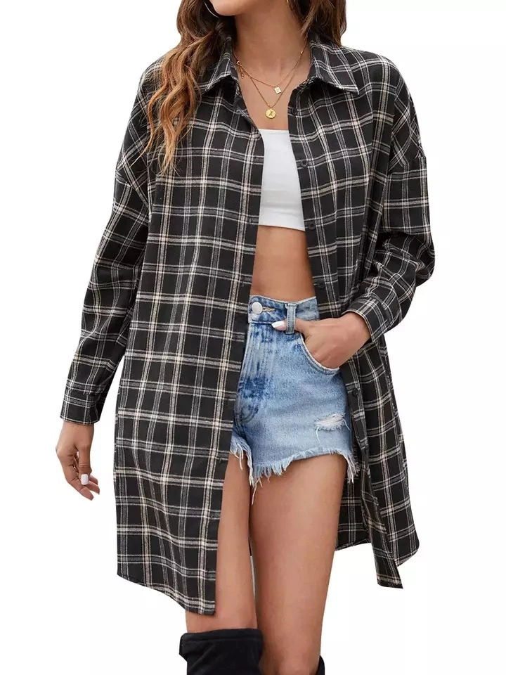 Long Plaid Shirt Women′s Spring Clothes Versatile Blouse