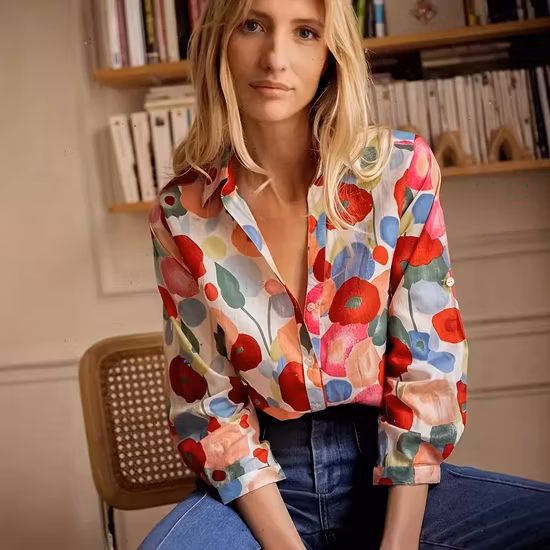Mode à manches longues noir DOT chemise col en V confortable femmes chemisier